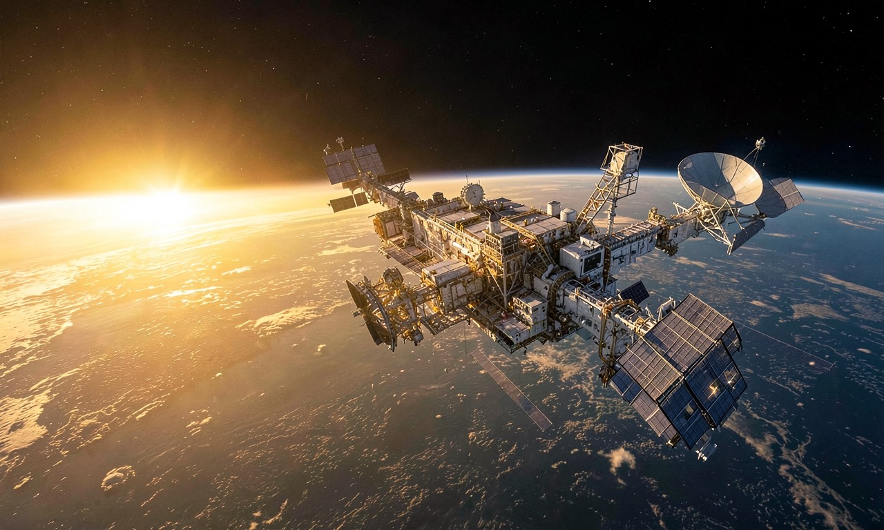 International Space Station orbiting Earth with AI data processing overlay, Australian outback visible below