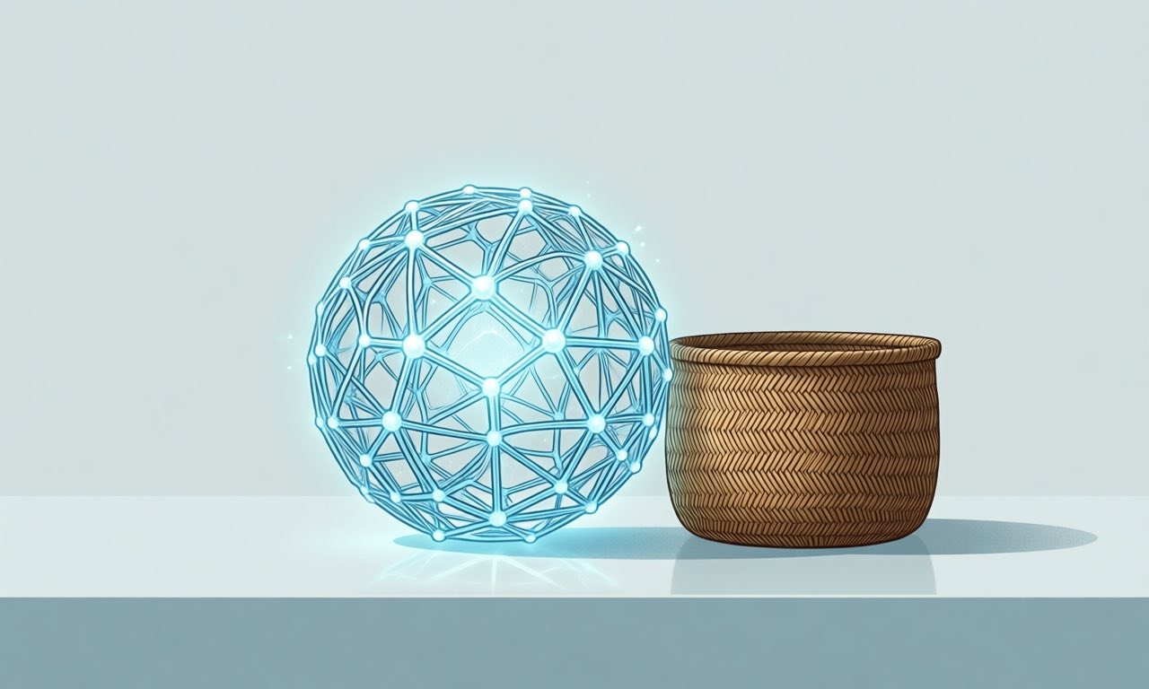 Minimalist editorial illustration of a glowing neural network sculpture on a laboratory bench beside a woven flax basket, symbolising biological and artificial minds held side by side