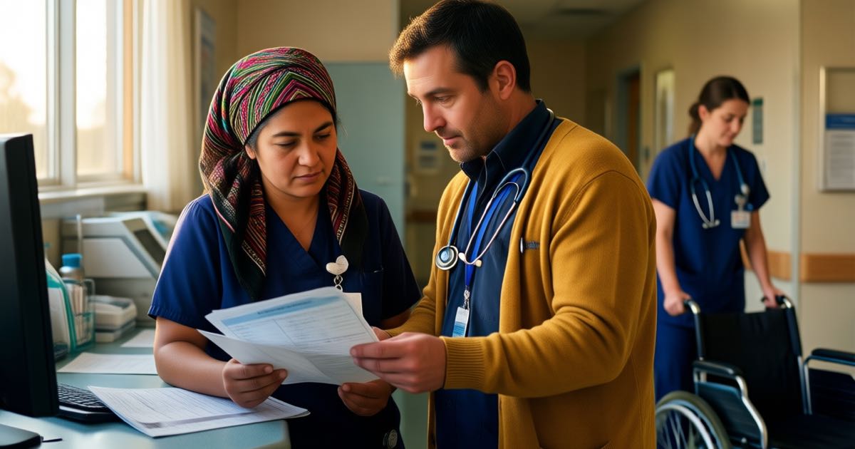 A nurse with a colourful patterned headscarf and a doctor in a mustard-yellow cardigan review a patient chart together at a hospital nurses' station, warm morning light through a window, documentary editorial photography