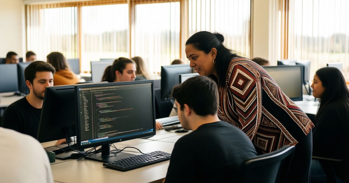 A tutor in a patterned jersey helps adult students at workstations in a bright New Zealand training classroom, natural window light, documentary style