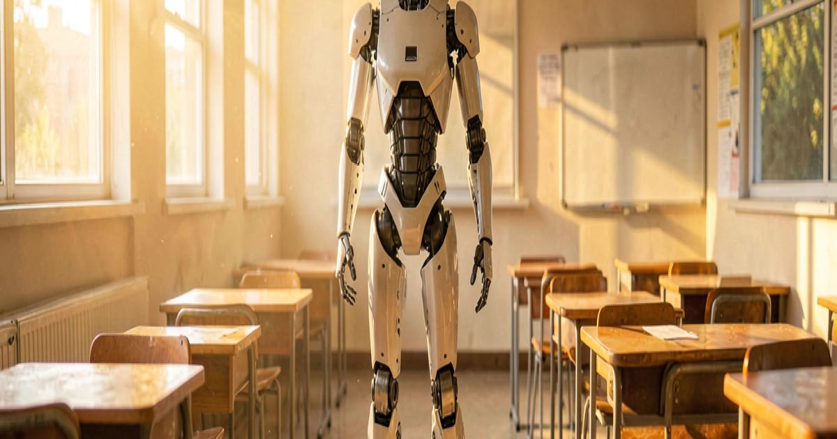 A humanoid robot standing in a sunlit empty classroom, bright warm lighting, no text no logos no letters no signs