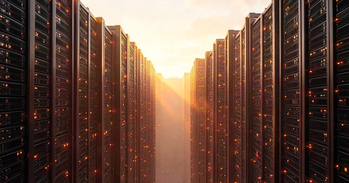A vast dark canyon between towering stacks of server racks, warm amber light glowing from deep within the canyon walls, suggesting hidden financial depths beneath visible infrastructure.