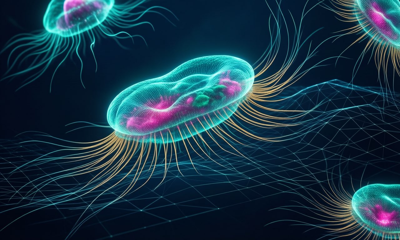 A photomicrograph-style composition of luminous microscopic organisms in teal and magenta light, with a faint geometric grid suggesting digital reconstruction