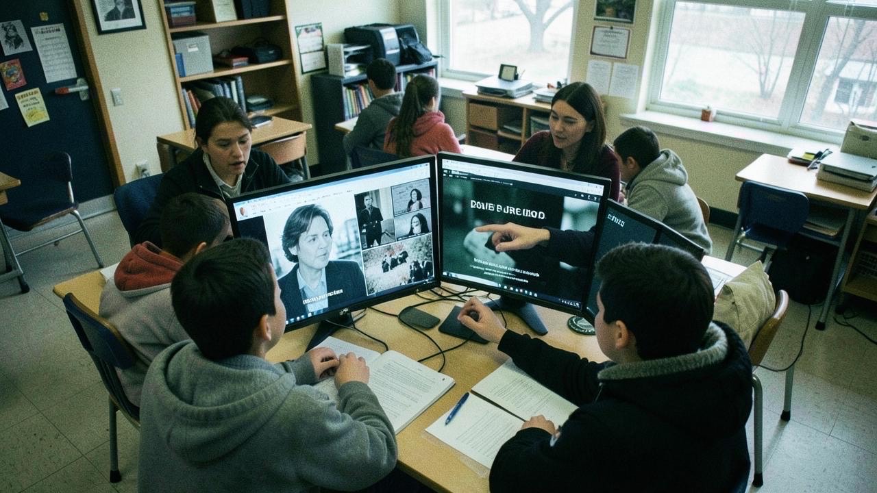 New Jersey classroom with students analyzing screens showing deepfake vs real content, teacher pointing at differences