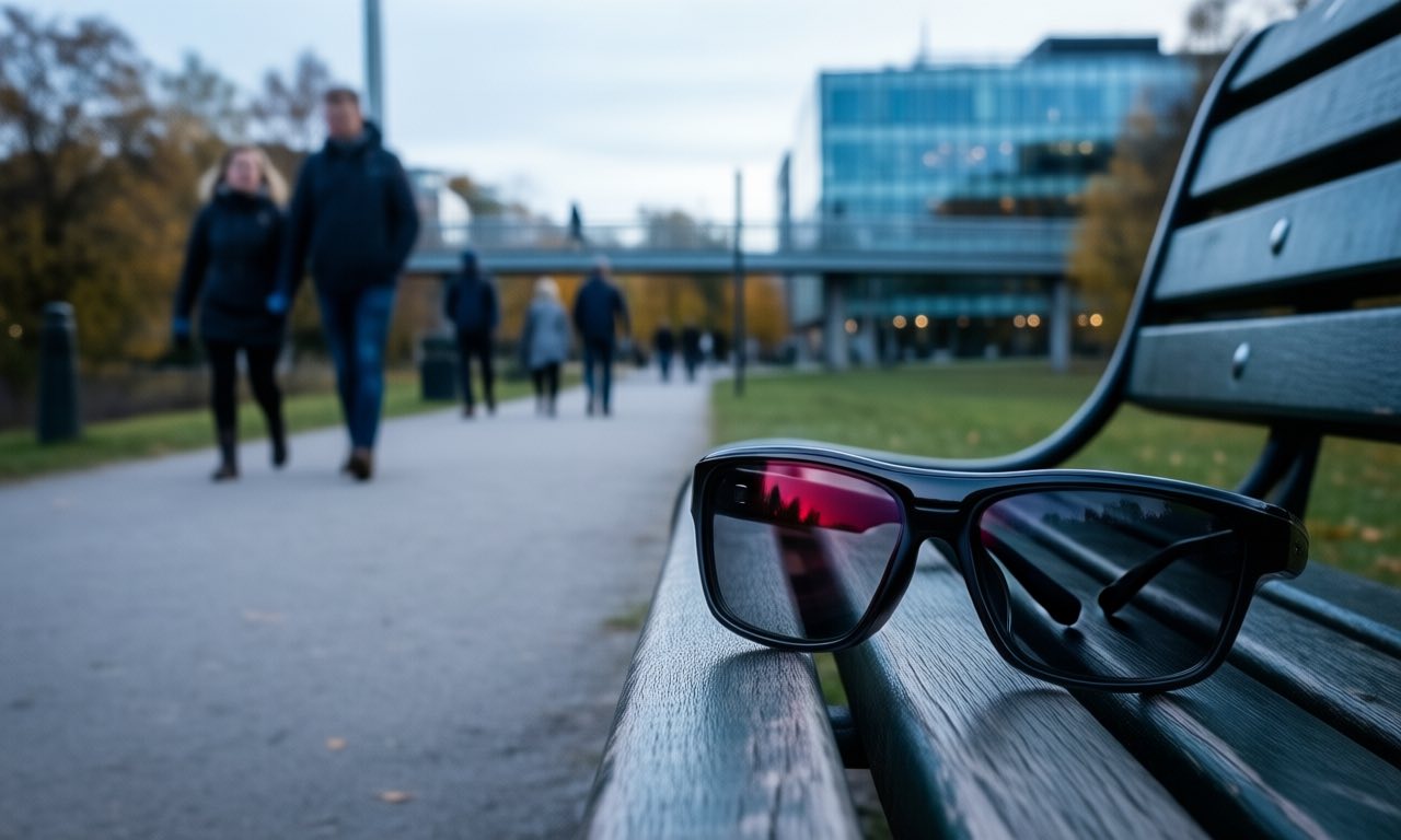 Modern smart glasses resting on a park bench in an overcast Nordic park, pedestrians blurred on a footbridge behind them