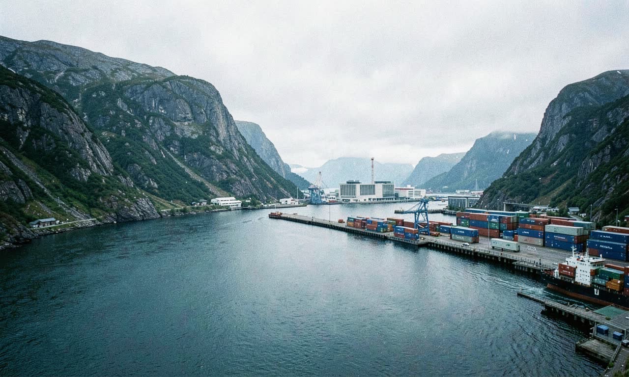 Fjord with container port and semiconductor factory in distance, overcast Nordic light, photojournalistic