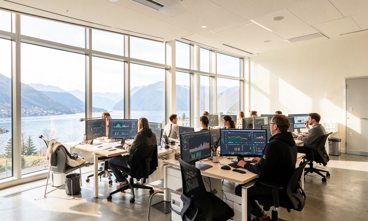A modern Scandinavian office with fjord views, employees working at computers with AI dashboards, bright natural lighting, warm minimal aesthetic, architectural photography