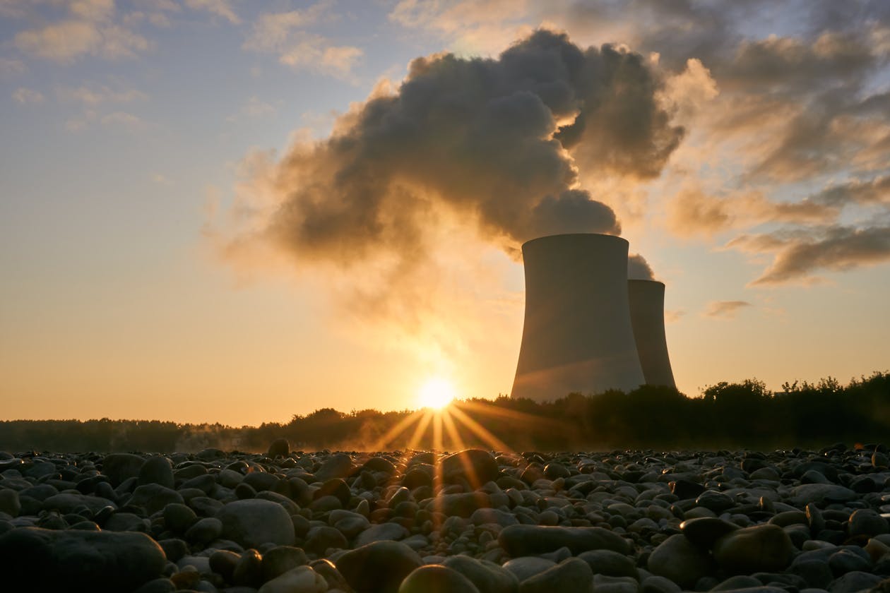 Nuclear power plant representing energy demands of AI data centers