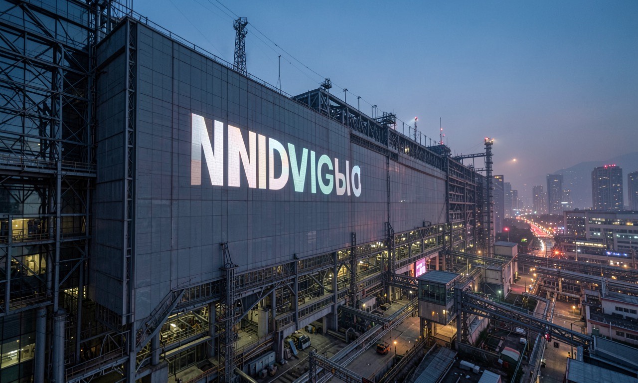 A NVIDIA logo projected onto a Taiwan semiconductor fabrication plant at dusk, with city lights in the background, dramatic wide-angle shot