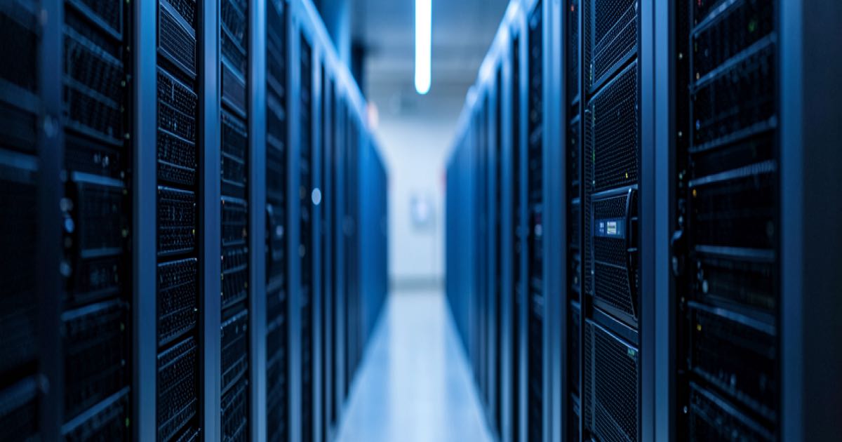 A modern data centre aisle with rows of GPU servers in cool blue lighting, editorial photography style
