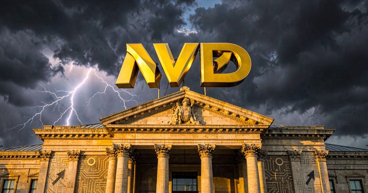 A giant golden Nvidia logo perched atop a classical central bank building, with stock market arrows and circuit board patterns visible on the facade, under a stormy sky.