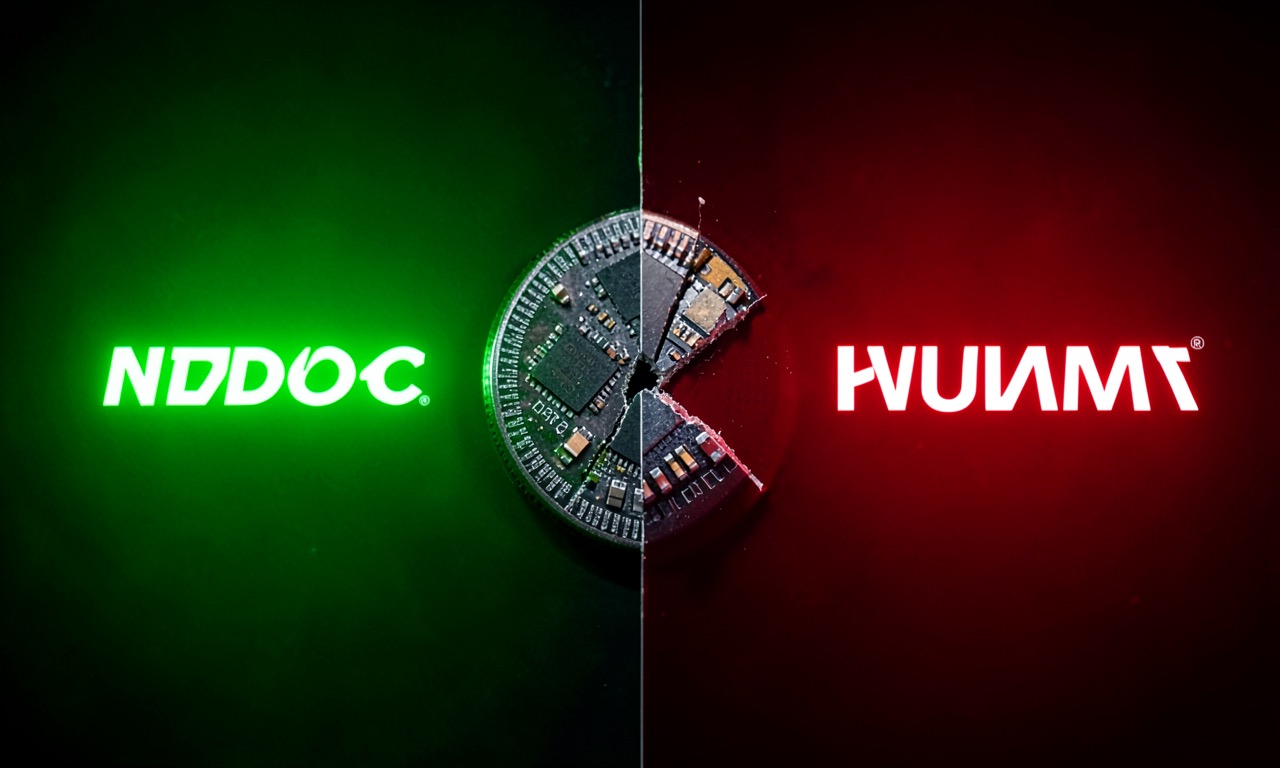A split image showing Nvidia's green glow on one side and Huawei's red branding on the other, a semiconductor wafer broken in two between them, dramatic lighting, photojournalistic style