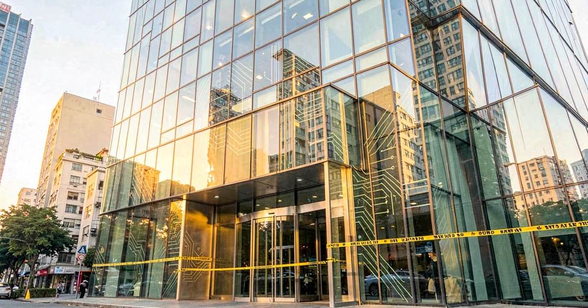 A bright modern office building in Taipei with police tape draped across the entrance, warm afternoon sunlight reflecting off the glass facade.
