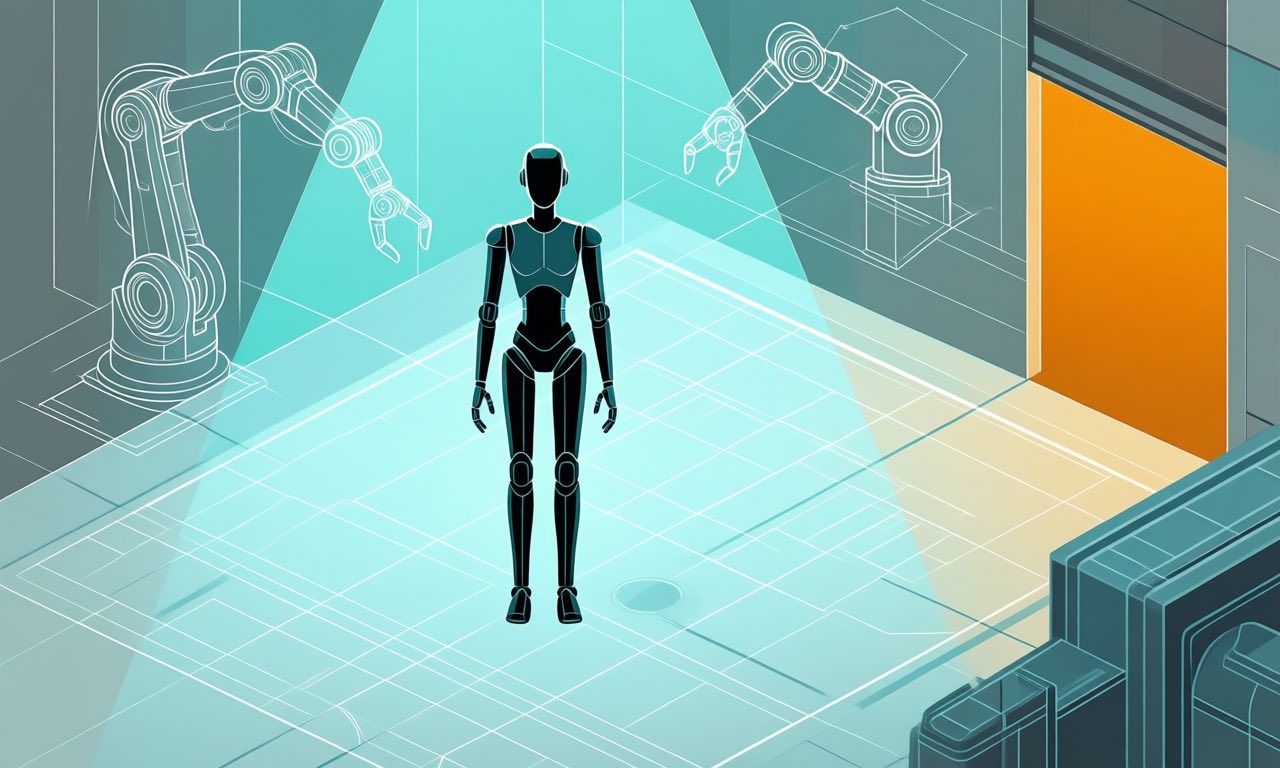 Editorial illustration of a slim humanoid robot silhouette on a clean geometric factory floor with abstract blueprint lines