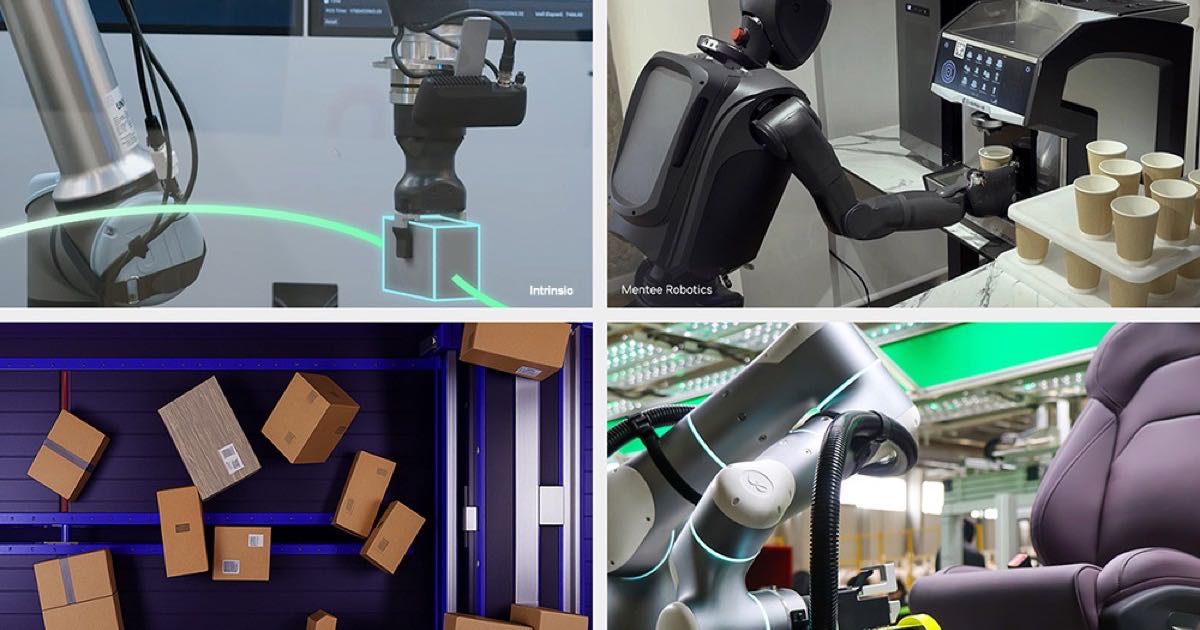 A Universal Robots arm tracks a grey cube with a green pose-estimation overlay during a FoundationPose demonstration