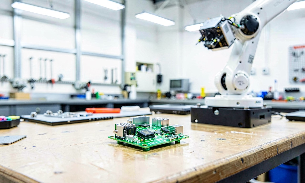 A small green circuit board module sitting on a clean white surface under soft studio lighting, photographed in shallow depth of field.