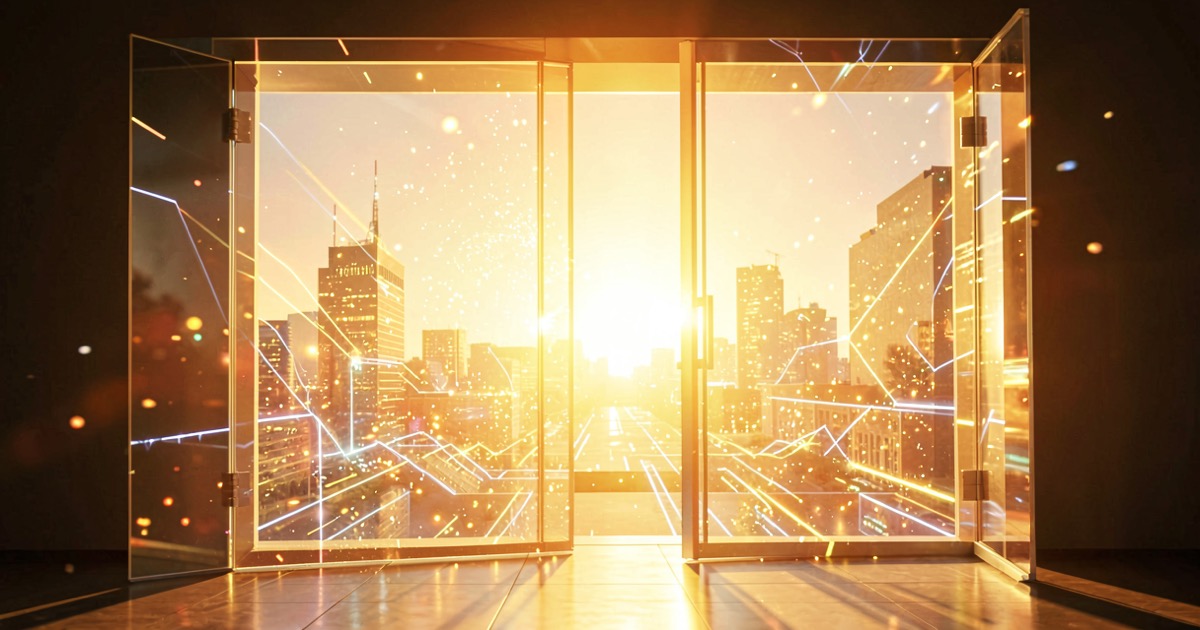 Bright warm golden hour scene of two giant translucent glass doors opening to reveal a glowing digital landscape, warm amber sunlight streaming through