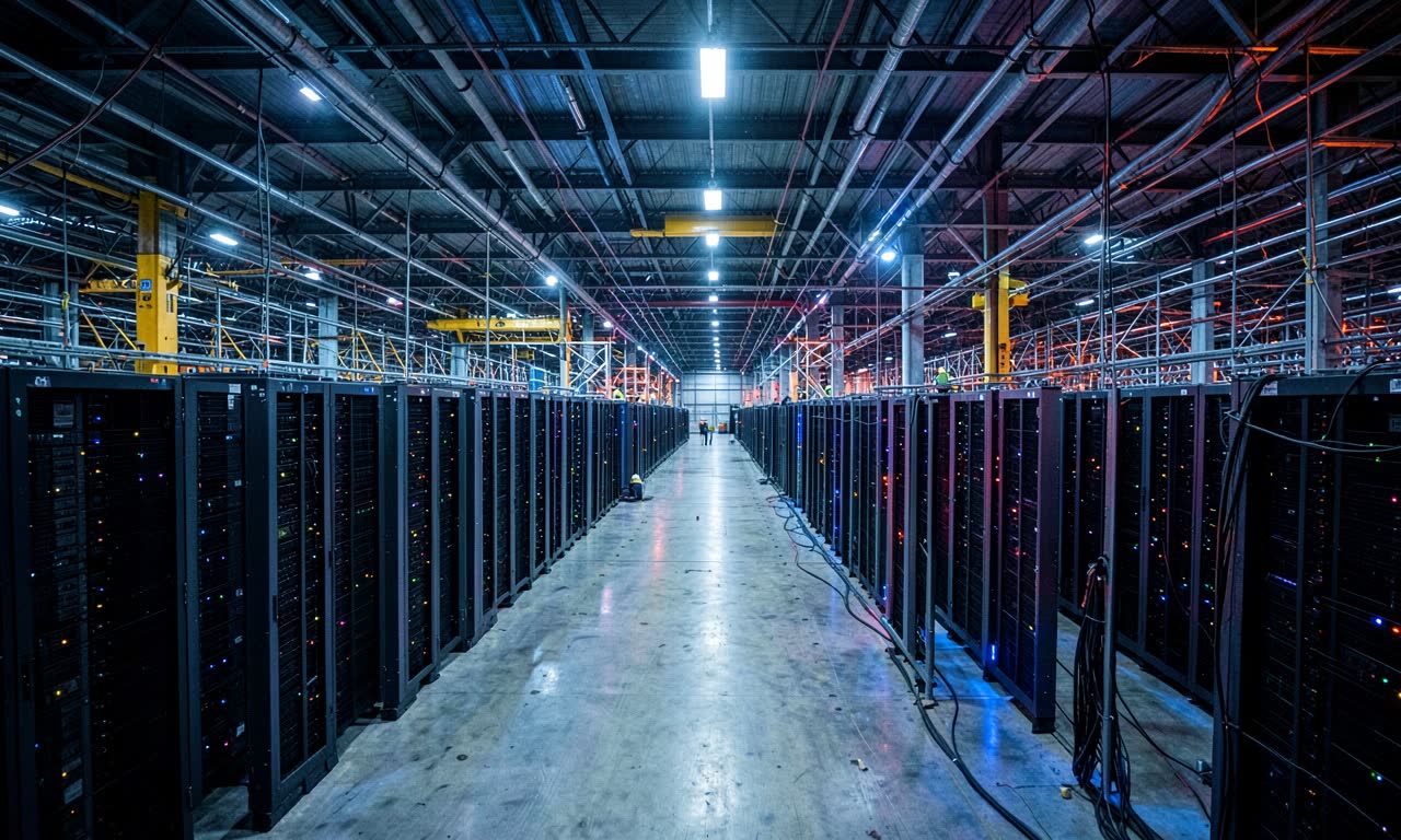 Vast interior of a massive AI data center under construction with rows of GPU server racks, cranes, and industrial lighting