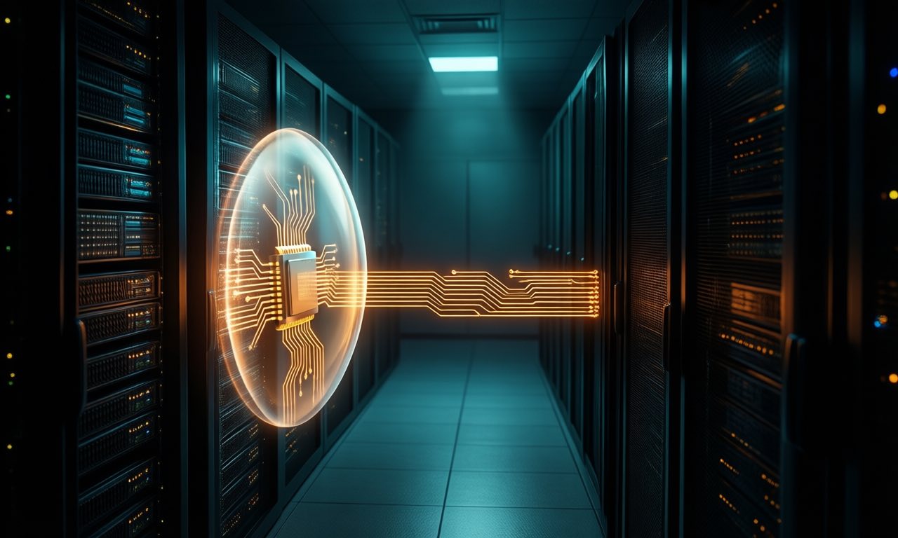 A glowing amber circuit trace running across a computer chip like a containment barrier, separating one row of servers from the rest of a dark hall