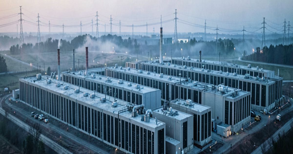 A vast data centre campus under construction on the Ohio landscape at dawn, with rows of server buildings and power transmission lines stretching to the horizon.