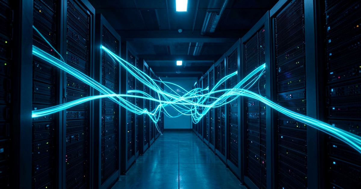 Fibre optic cables glowing with cyan light connecting rows of server racks in a dark data centre.