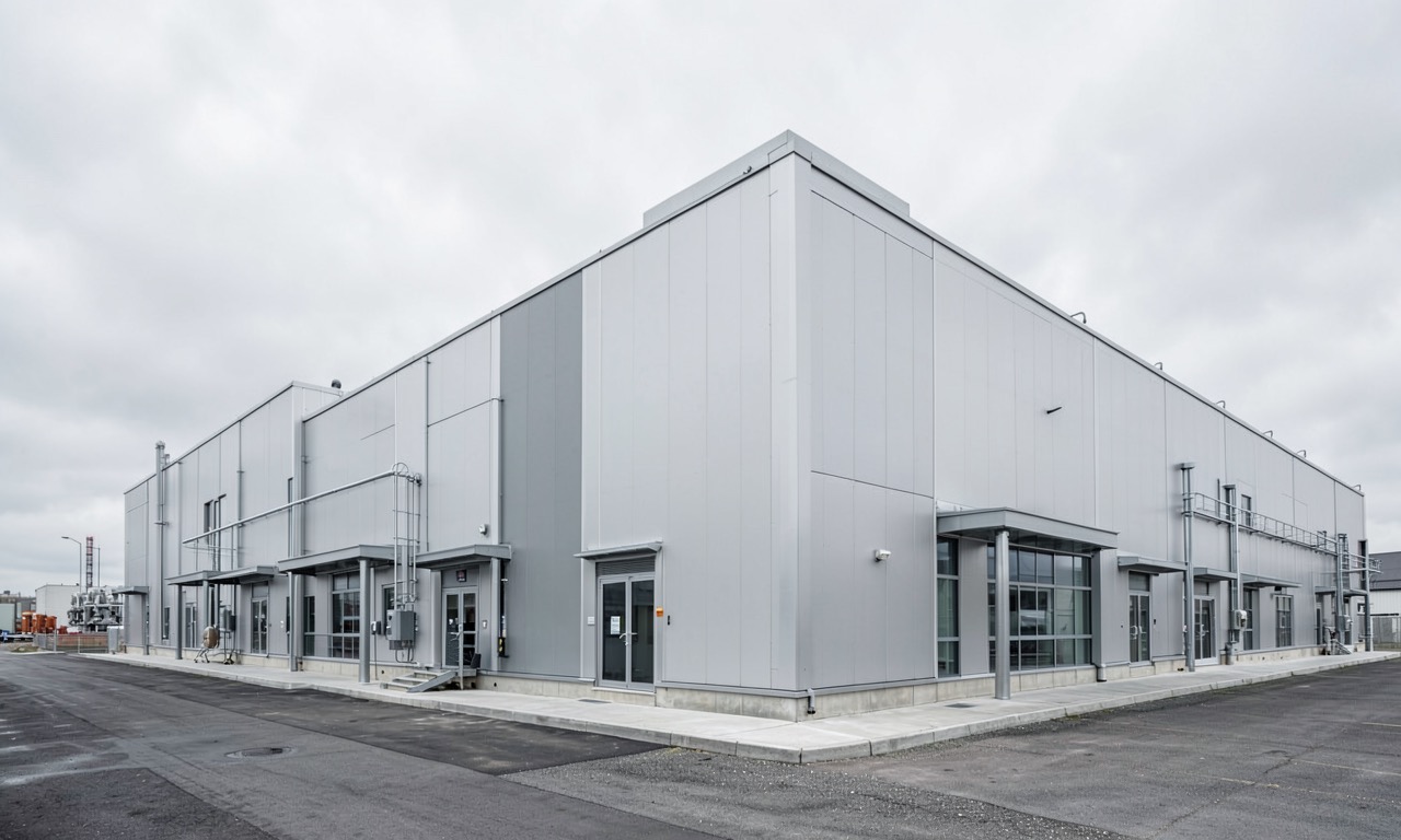 TSMC semiconductor fabrication plant exterior with clean industrial architecture, overcast lighting, photojournalistic