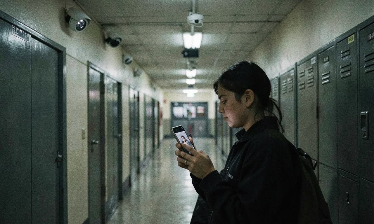School hallway with security cameras and a student looking at a phone showing a blurred manipulated image, dramatic lighting