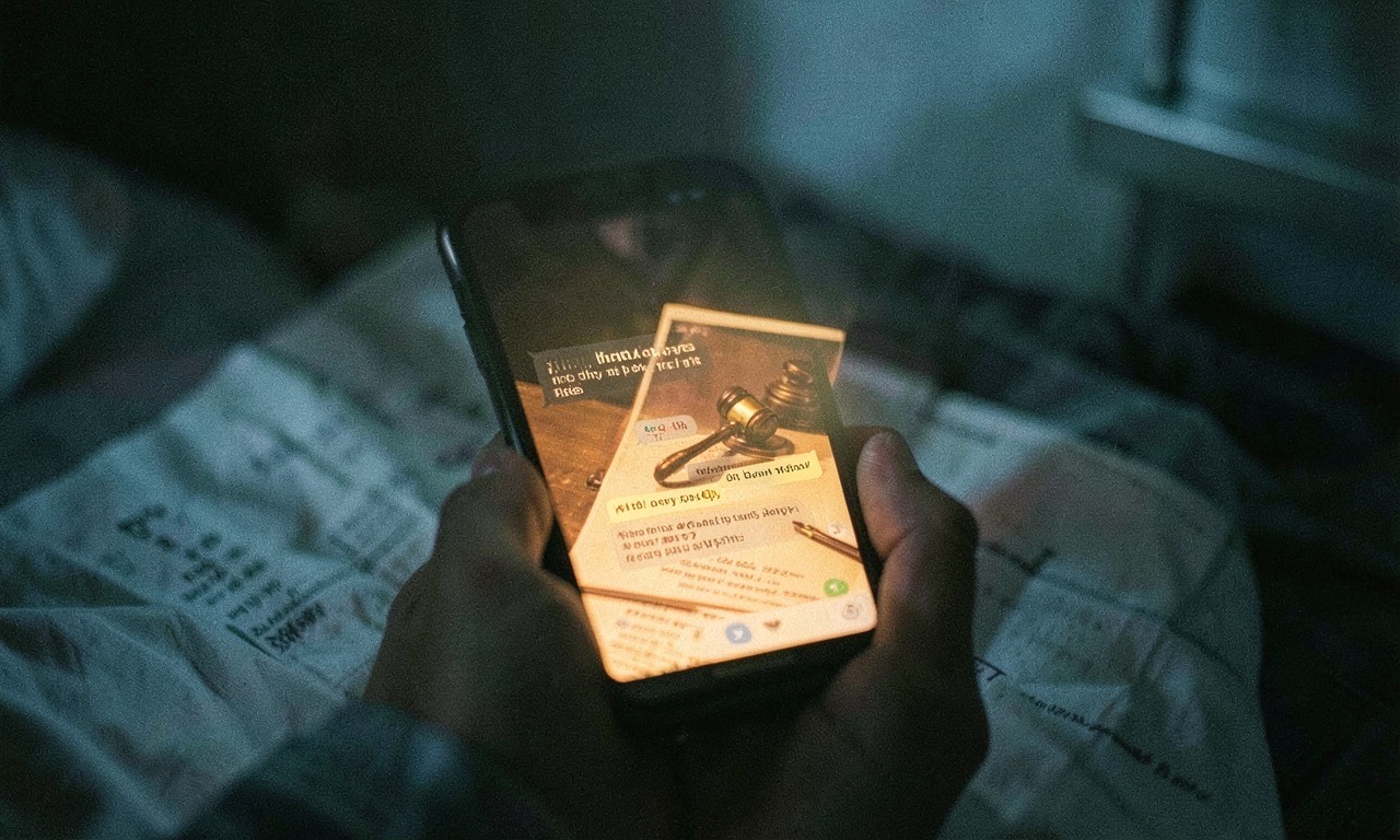 A teenager's phone screen showing a chatbot conversation with a legislative gavel overlay, warm and cool light contrast, documentary style, ASA 400 film grain