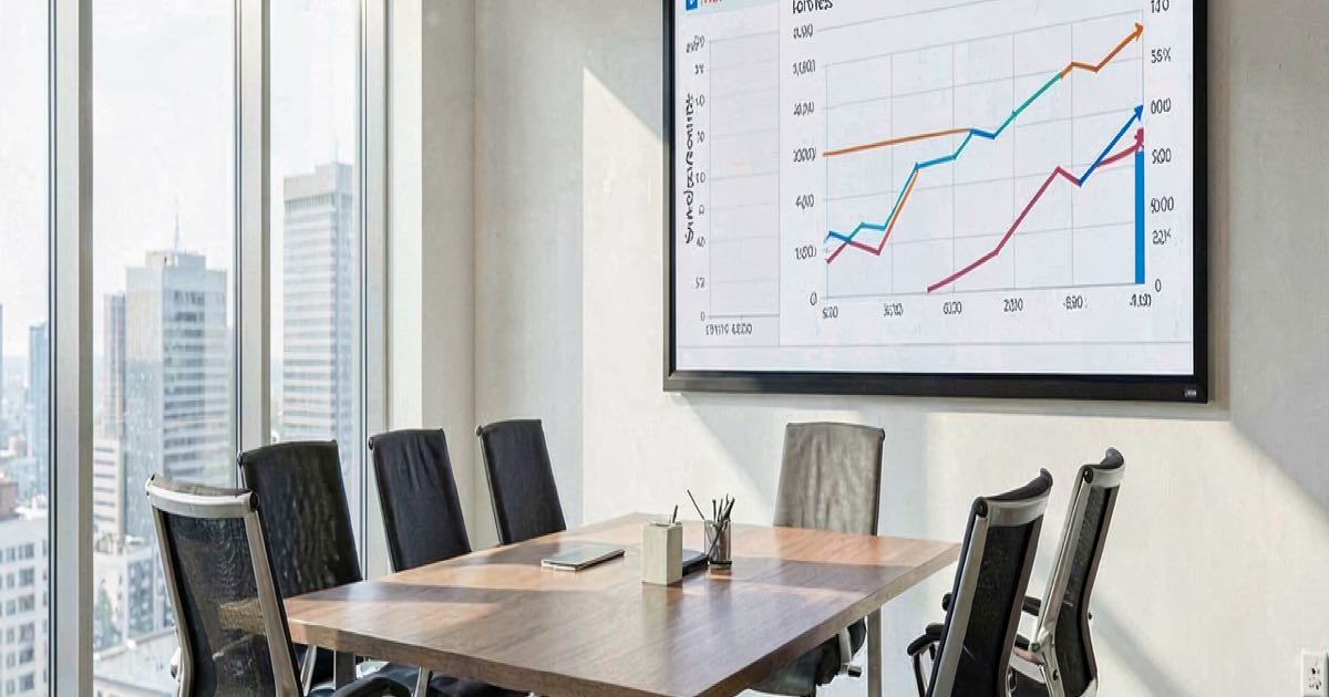 A modern office conference room with a large display showing employment data charts, natural light, documentary style