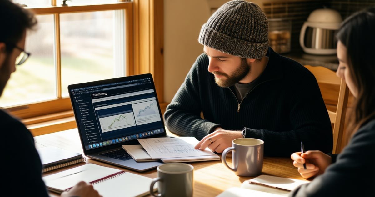 A small business owner in a beanie reviewing training plans on a laptop with two colleagues around a kitchen-table workspace, warm morning light, documentary style