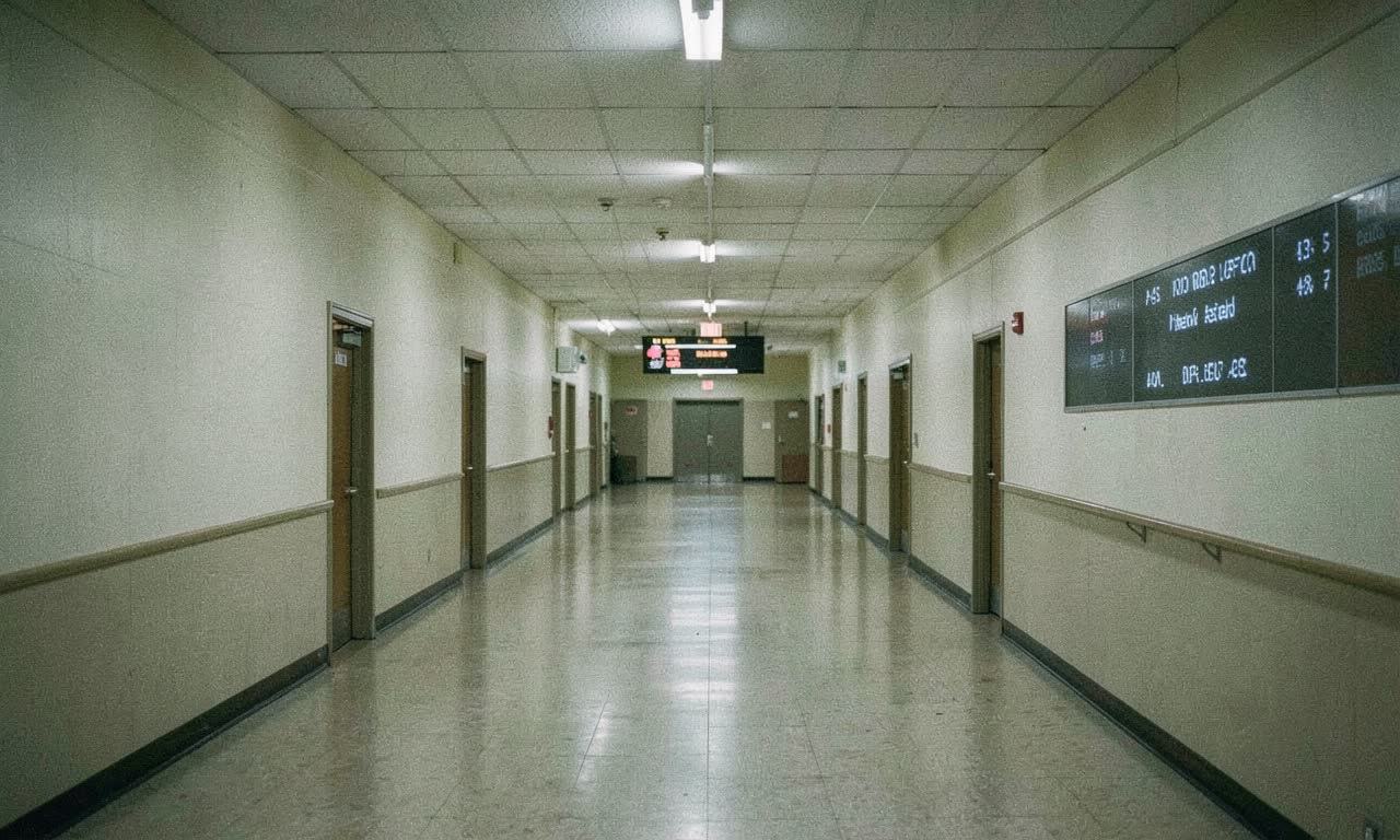 Empty school hallway with fluorescent lights, a digital screen displaying AI text, no students, documentary style photography
