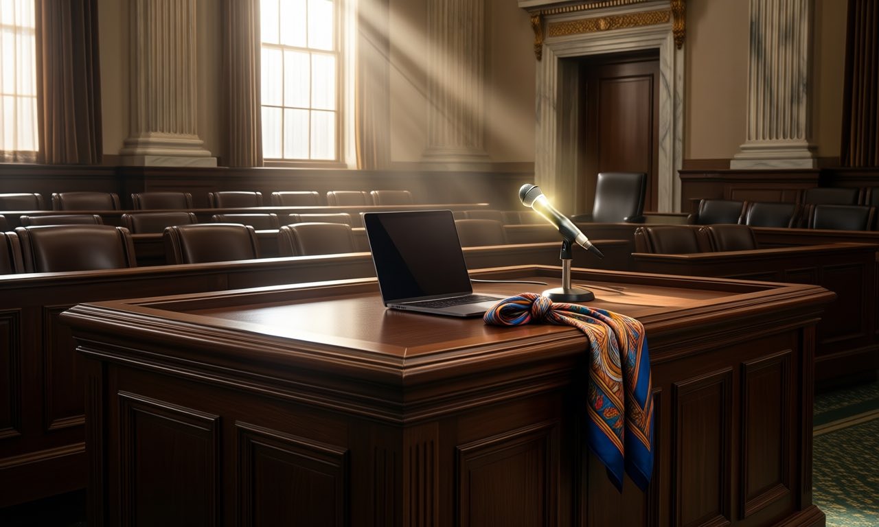 An empty polished wooden committee dais with a glowing microphone and a closed laptop in a marble city hall chamber, warm afternoon light