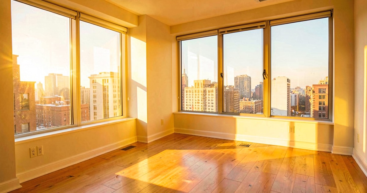 A bright sunlit New York apartment interior with wide windows, warm light streaming in, no people, no text.