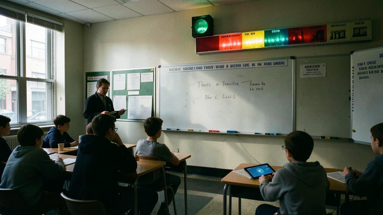 NYC public school classroom with traffic light AI guidance system on wall