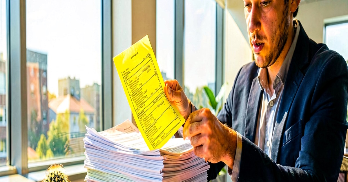 A recruiter at a desk sorting a tall stack of printed job applications in a bright office, holding one highlighted page, natural window light, documentary style