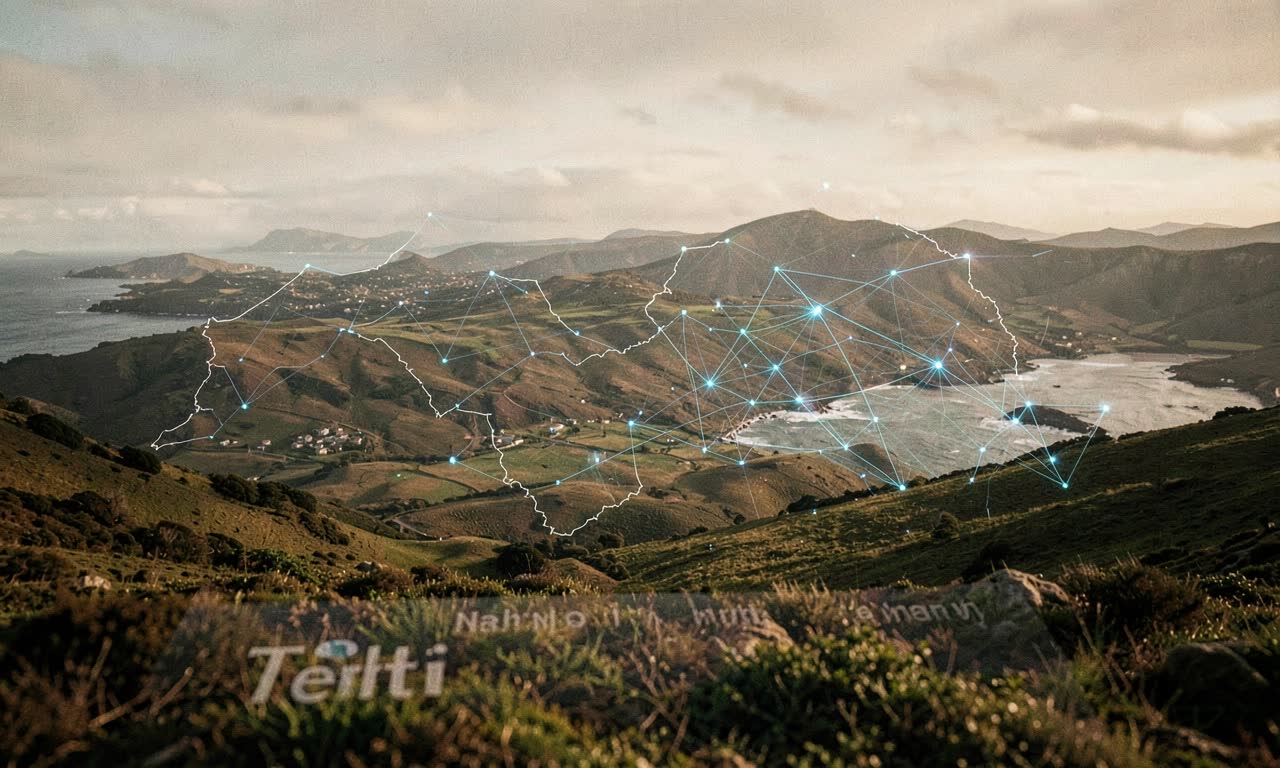 New Zealand landscape with digital network overlay, symbolising the AI Blueprint connecting the country