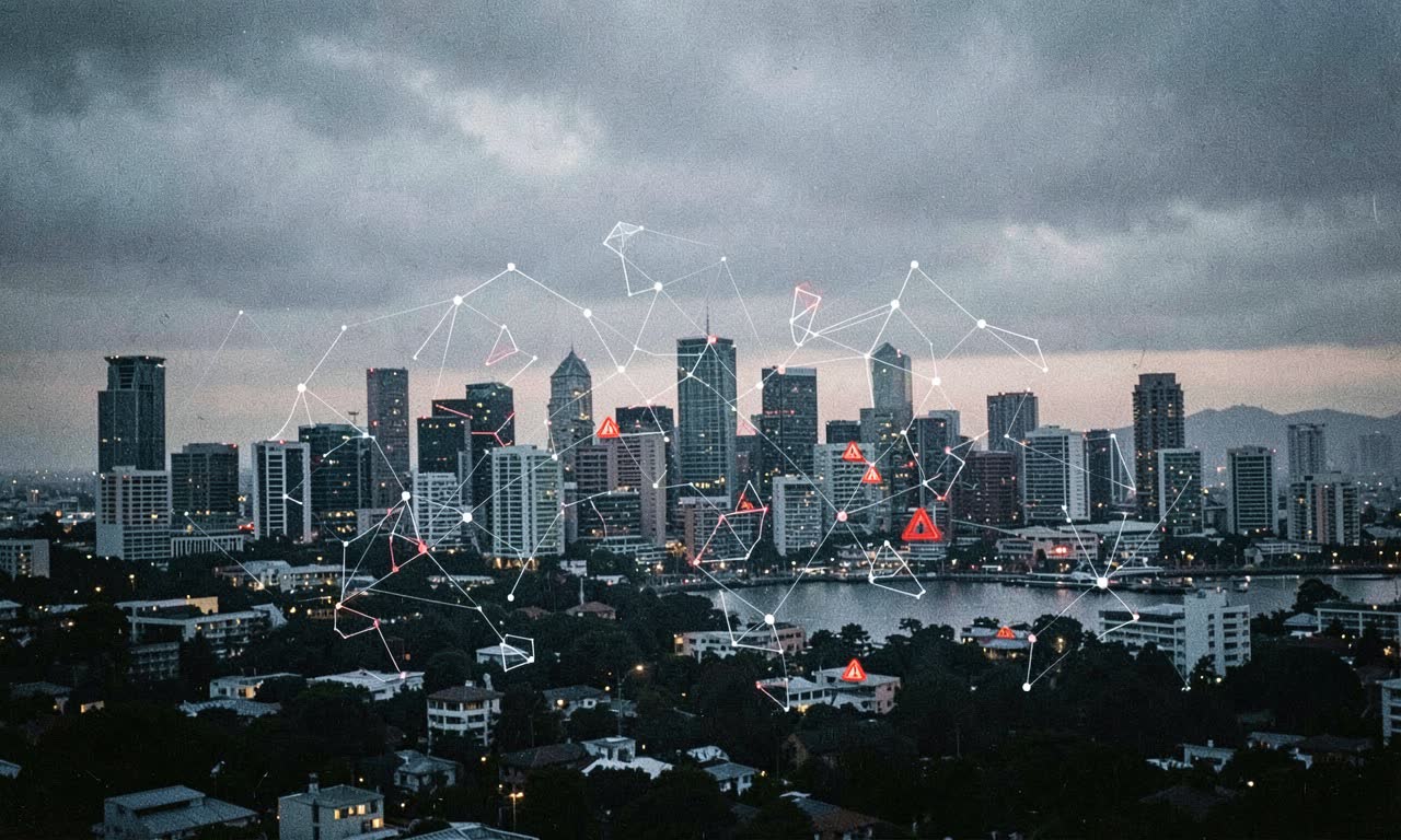 Auckland cityscape with digital overlay showing disconnected governance nodes, moody overcast light, documentary style