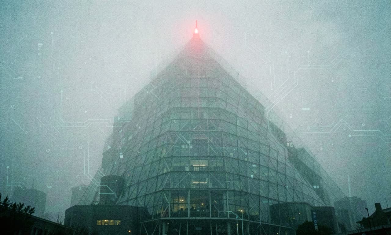 New Zealand Parliament building shrouded in fog with AI circuit patterns overlay, photojournalistic style, muted colors