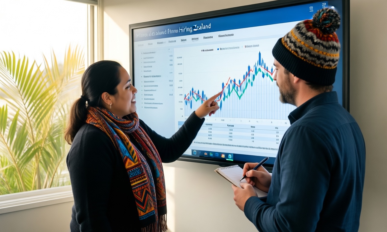 Two colleagues in a bright New Zealand office reviewing hiring trend charts on a wall screen, natural light, documentary style