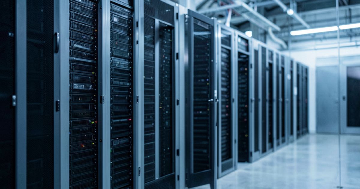 Empty server racks in a large industrial building with cooling vents, blue-grey tones, documentary style