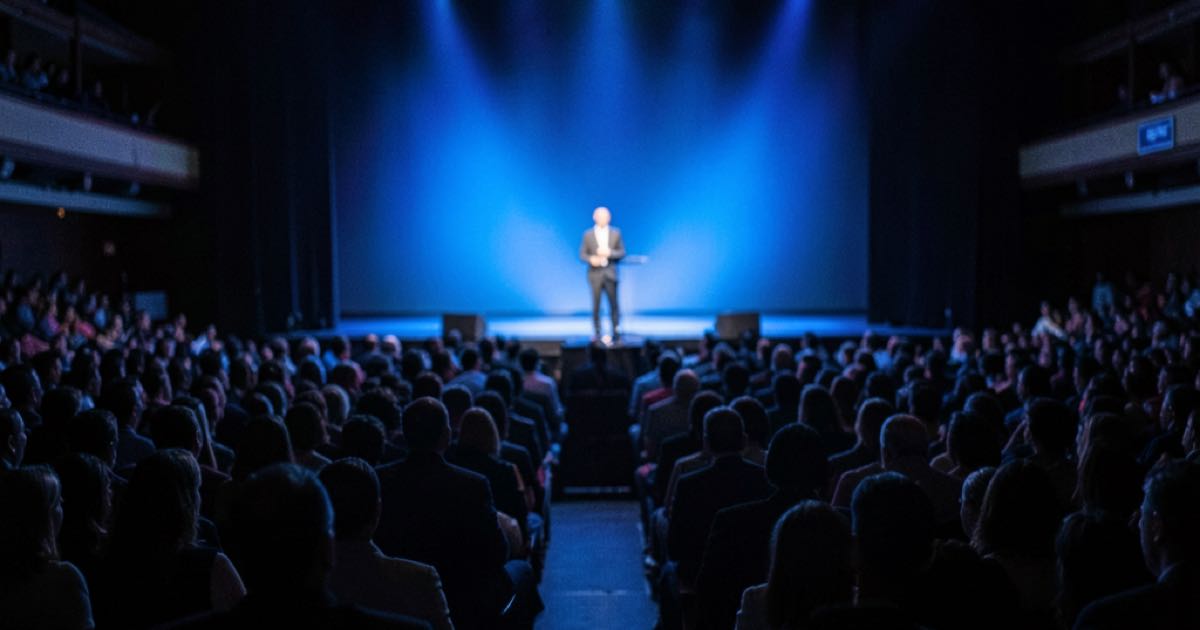 Conference auditorium with audience silhouettes and a speaker on stage, blue stage lighting, documentary photography