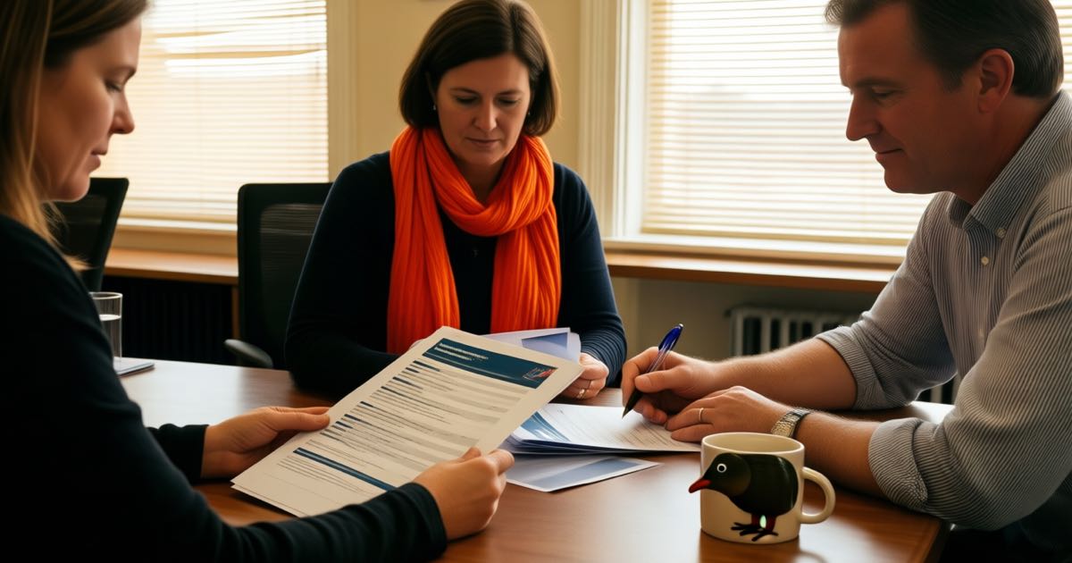 A government policy meeting in a Wellington office, three colleagues reviewing workforce training documents, one wearing a bright scarf, natural light, documentary style