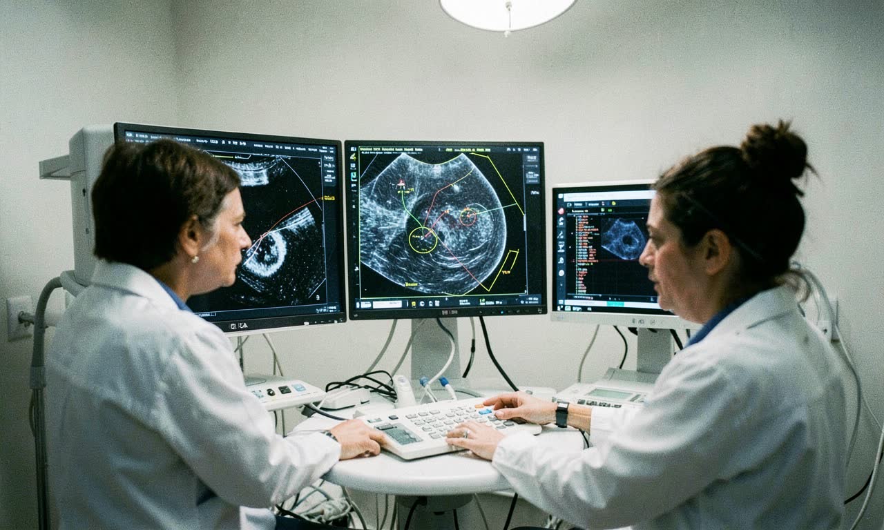 A medical screening room with a mammogram display and an AI analysis overlay, clinical lighting, documentary photojournalism style