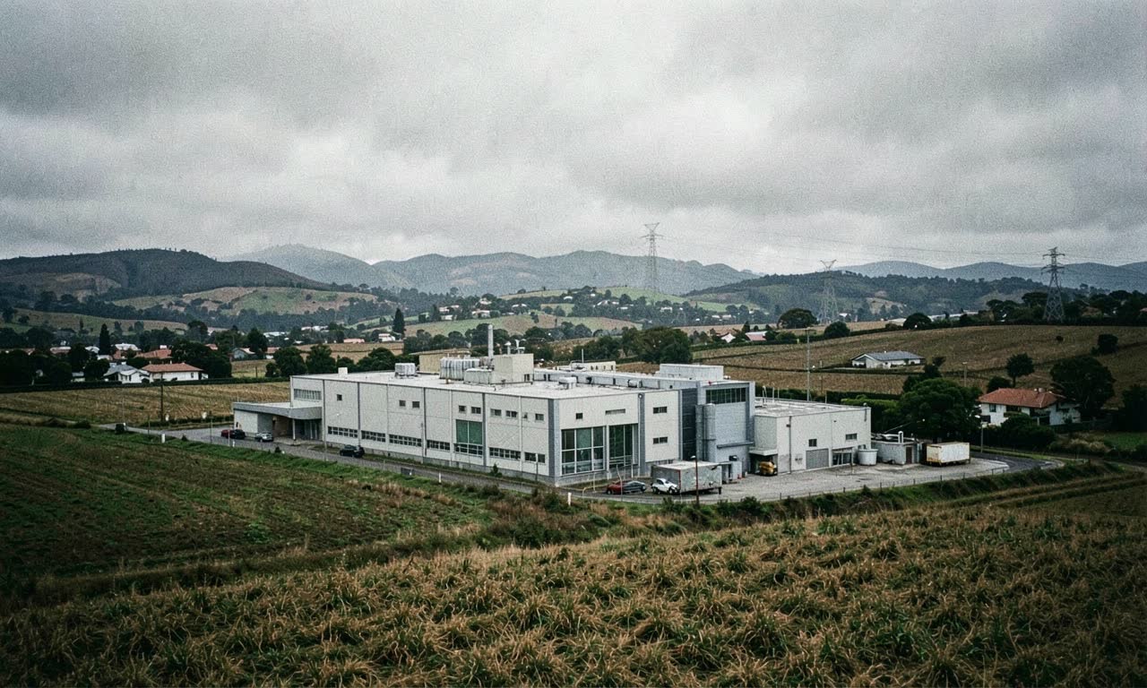 Industrial data centre building on New Zealand farmland with power lines, moody overcast sky