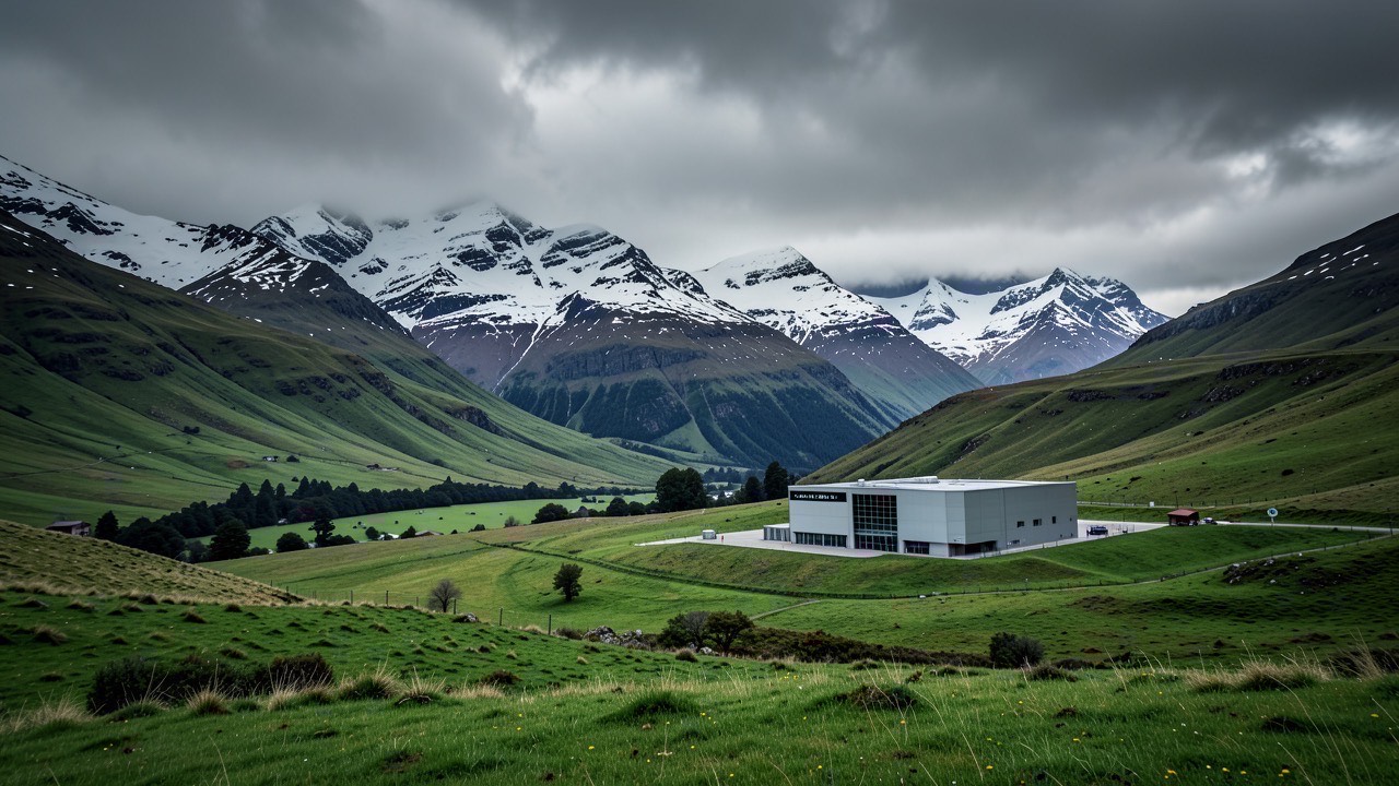 New Zealand South Island landscape with modern datacenter facility nestled in a valley, snow-capped mountains in background