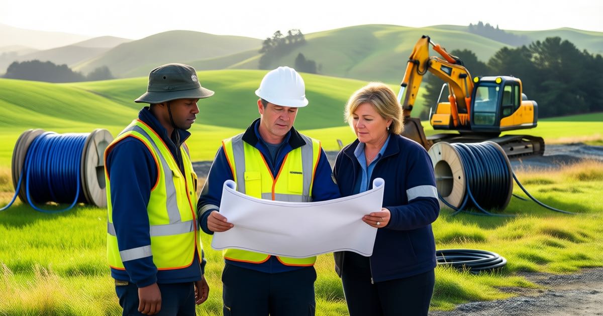 Three NZ trades apprentices in high-vis vests and hard hats reviewing electrical plans with a female foreman outside a data centre construction site on green farmland, warm morning light