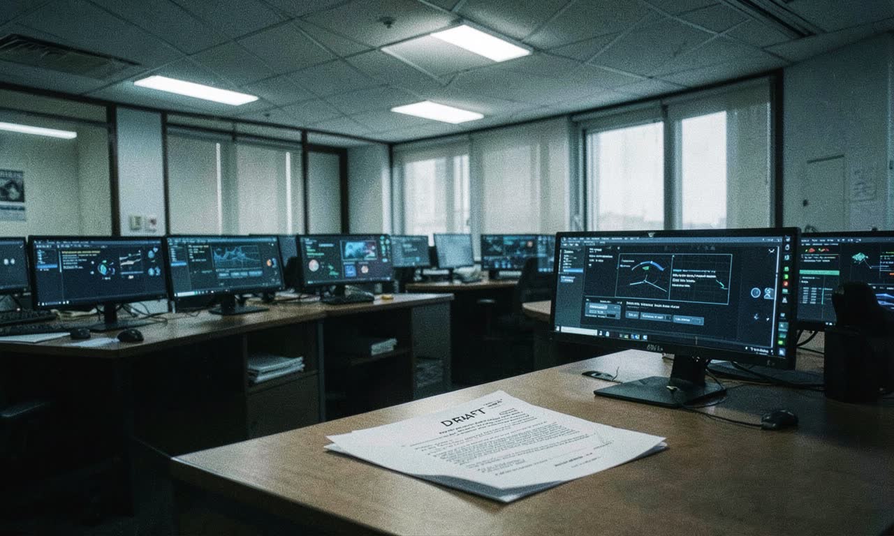 A government office building with AI interface screens and a policy document marked DRAFT, dramatic overhead lighting