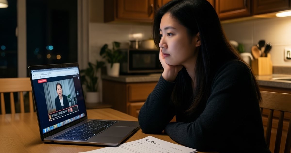 A young woman alone at a kitchen table at night, face lit by a laptop screen showing a video-interview interface, a printed CV beside the keyboard, dim warm documentary-style lighting