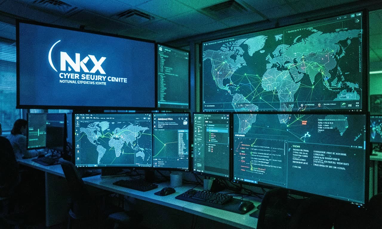New Zealand cybersecurity operations center with global network connections and Mythos AI interface, dramatic blue and green lighting, documentary style