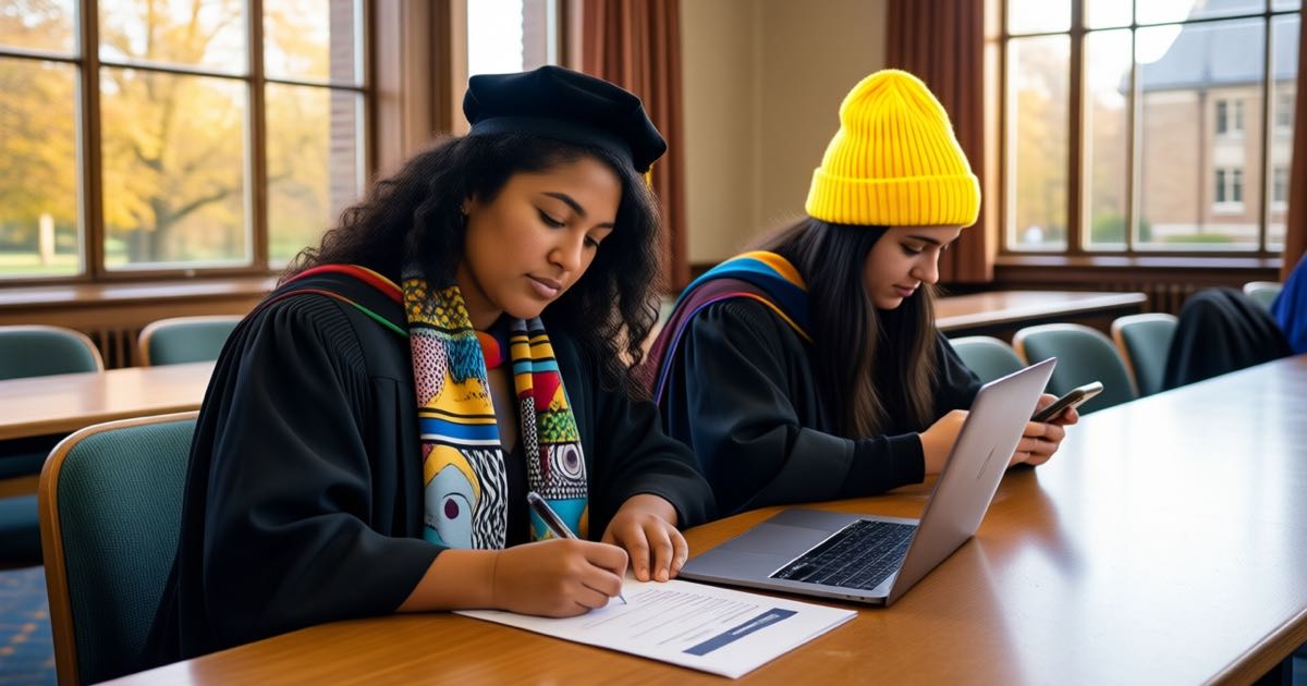 Two recent graduates working at a long wooden table in a leafy campus hall the morning after graduation, one in gown with a patterned scarf annotating a printed CV, the other in a bright yellow beanie typing on a laptop, warm window light, documentary editorial photography